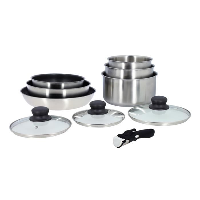 LOT 10 PCS INDUCTION INOX CASSEROLES + POELES + COUVERCLES + POIGNEES