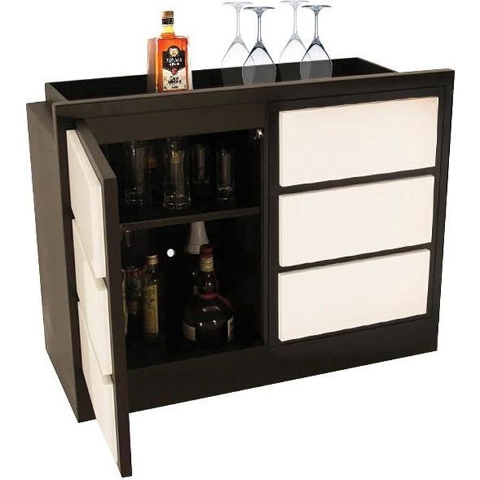 Meuble bar teinte wengé 2 portes laque blanche