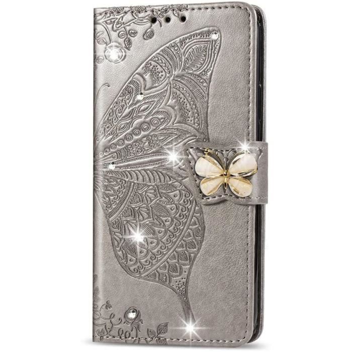 Étui Samsung Galaxy S10 Plus, Papillon Fleur Porte-Cartes Cuir Dragonne Paillette Élégant Support Antichoc, Gris