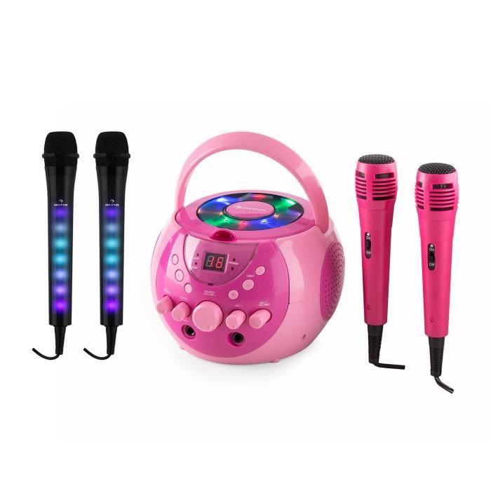 auna SingSing Dazzl Set disco karaoké portable lecteur CD CD-G USB MP3 avec lumière LED + sortie video - 2 micros inclus - Rose