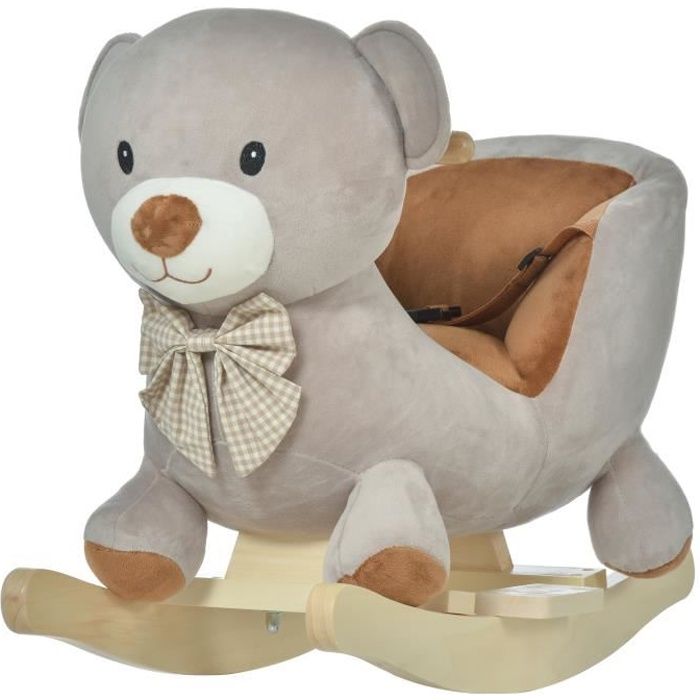 Cheval à bascule jouet à bascule ourson fauteuil intégré ceinture de sécurité fonction sonore grognement gris marron 60x33x50cm Gris