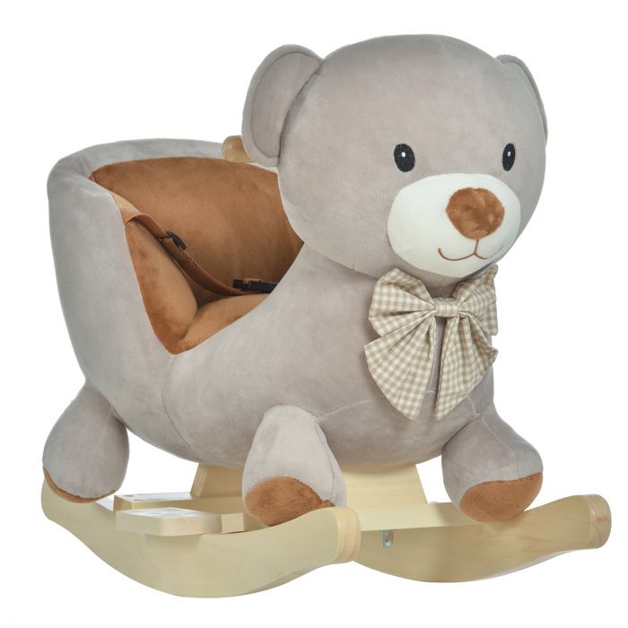 Cheval à Bascule Cygne HOMCOM Avec Musique - Peluche Douce Bois Blanc Gris 60x33x59 Cm