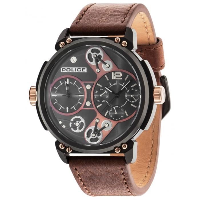 Montre homme POLICE WATCHES STEAMPUNK PL.14693JSB02A. Sport. Chronographe. 50. Noir. Marron. Gris. Rond. Quartz. Analogique. Cuir.