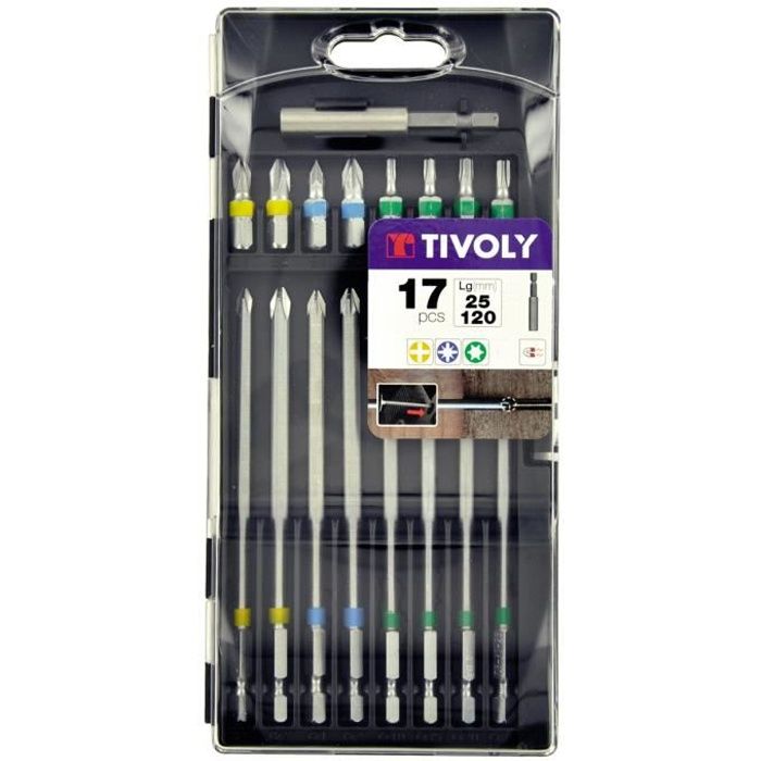 Coffret de 17 embouts de vissage : 25 et 120 mm - Embouts 25 mm classiques et 120mm extra longs pour accès difficiles TIVOLY