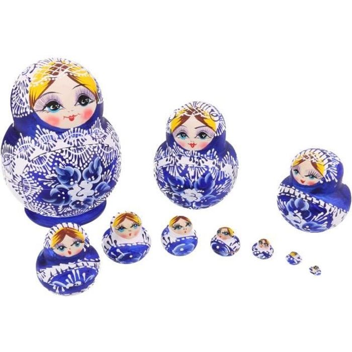 Série de 10pcs Poupées Russes Matriochkas en Bois Peints - Bleu@M3342