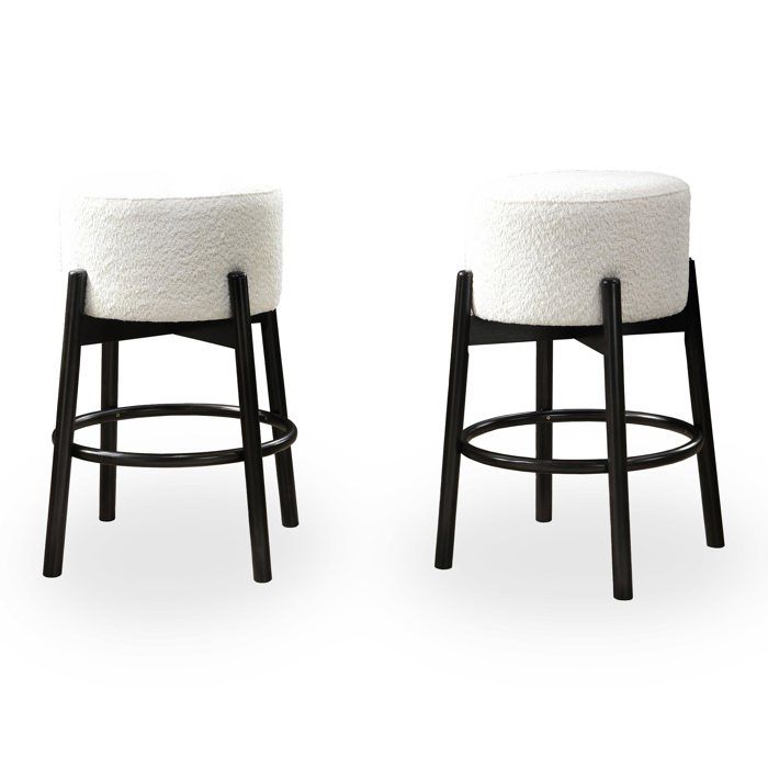 SULLY - Lot de 2 tabourets effet peau de mouton blanc et bois noir SULLY - Lot de 2 tabourets effet peau de mouton blanc et bois noir