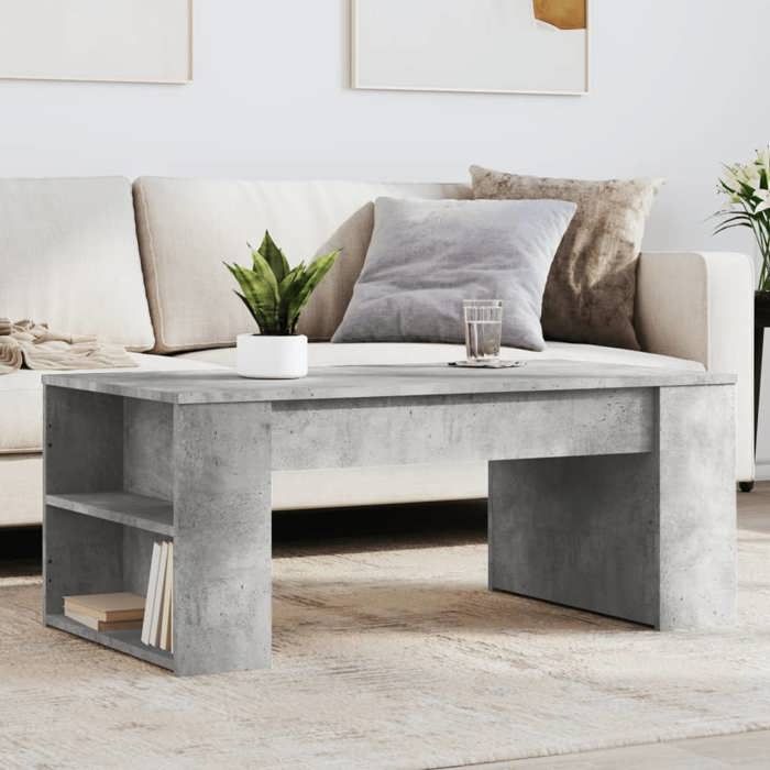 Table Basse Design Gris Béton 102x55x42 Cm - Bois D'Ingénierie, Grand Rangement Salon