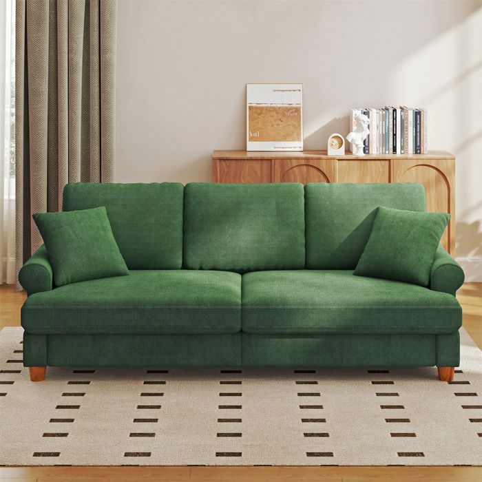 Grand Canapé 3 Places en Chenille Vert avec accoudoirscoussins et oreillersCanapé Scandinave pour le salon220×74×86cm