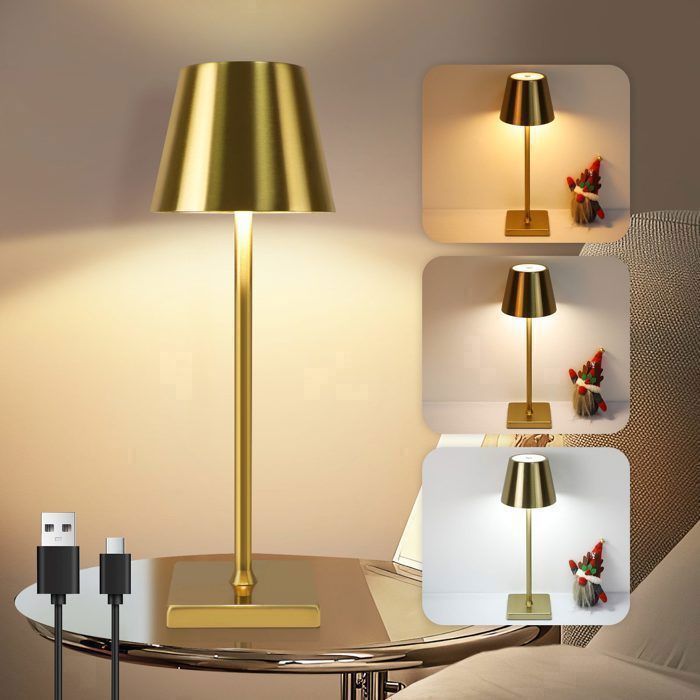 Lampe de Table LED Sans Fil Rechargeable NETTLIFE – Lampe Tactile Variateur Métal Doré Trois températures de couleur