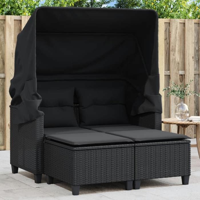 SALE 2025Sofa canapé de patio/Canapé de jardin 2 places avec auvent et tabourets noir rotin - 123x65x155 cm288 Kg 7535