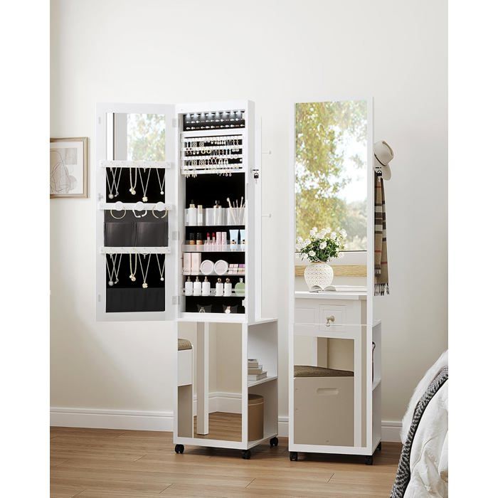 Armoire à Bijoux 8 LEDs175cm Organisateur de Bijoux sur Pied Miroir Verrouillable sur Toute la Longueur avec 4 RouesBlanc et