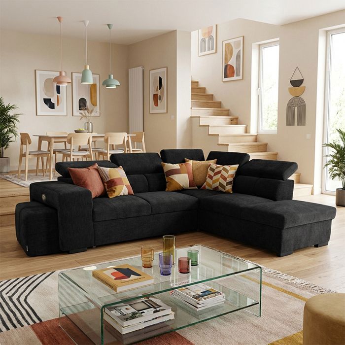 SIRIUS Canapé dangle reversible convertible Noir (tissu lisse) - Taille L - 5 places - 267 x 218 x 94