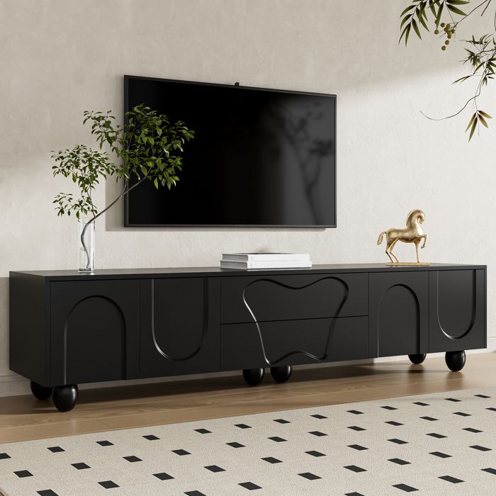 Meuble TV - MODERNLUXE - 180x40x42 cm - 2 tiroirs 4 portes - Pieds bois massif - Noir