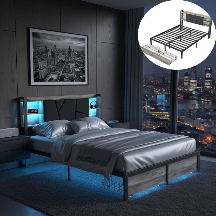Lit Plate 140x200cm avec LED USB Lit double avec Tête de lit Bibliothèque Lit adulte avec 2 Tiroirs noir
