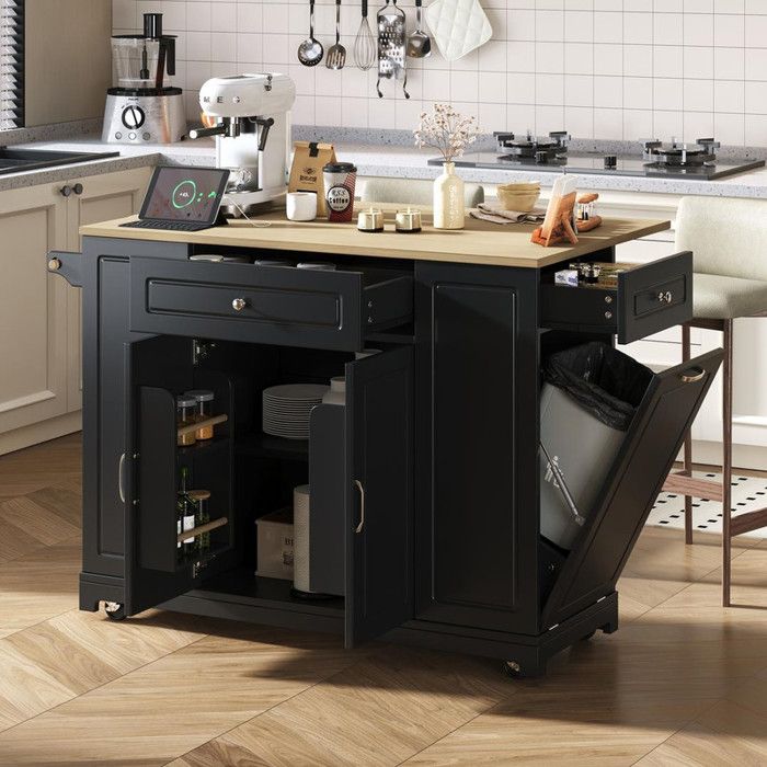 Îlot de cuisine à roulettes Ilot central cuisine extensible pour salle à manger avec tiroirs et compartiment poubelle