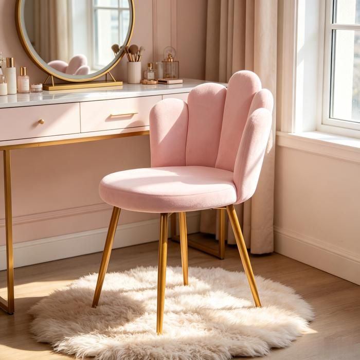 Fauteuil Coquillage Moderne Fauteuil Coiffeuse avec Pied Doré Fauteuil Rembourré en Velours Fauteuil pour Salon/Chambre Rose