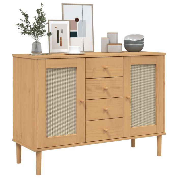 Buffet en bois aspect rotin - vidaXL - 112x40x80 cm - Bois de pin massif - 4 tiroirs - 4 compartiments