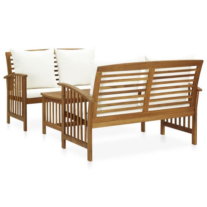 Salon de jardin en bois dacacia - vidaXL - 3 pièces - Coussins blanc crème - Bois dacacia massif - Finition à lhuile