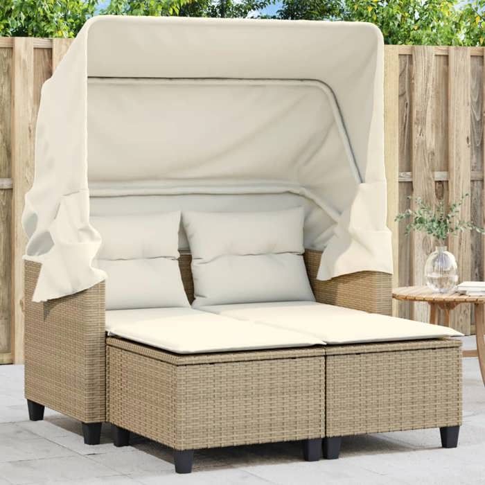 SOFA DE JARDIN/Salon bas de jardin Beige Magnifique Canapé de jardin 2 places avec auvent et tabourets beige rotin 123x65x155cm CL70