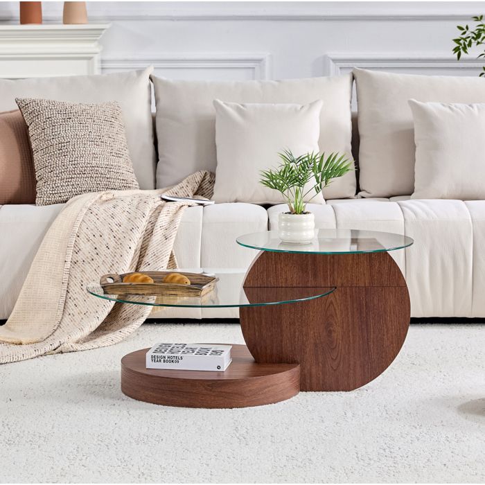 Table basse design en verre sécurisé et MDF décor noyer à rangement étagé
