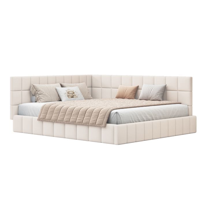 VLIVRA Lit Banquette 160×200 cm Lit Double - Dossier Réversible et Accoudoir - sans Matelas - en Velours Beige