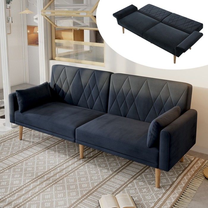Canapé-lit - Convertible 2 places - Velours noir - Dossier 3 positions - Accoudoirs 5 positions