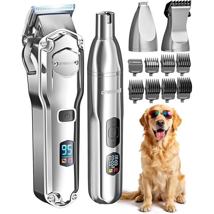 Tondeuse pour chien 4 en 1 pour poils épais/denses tondeuse professionnelle silencieuse/coupe-griffes/lime à o TONDEUSE POUR ANIMAL