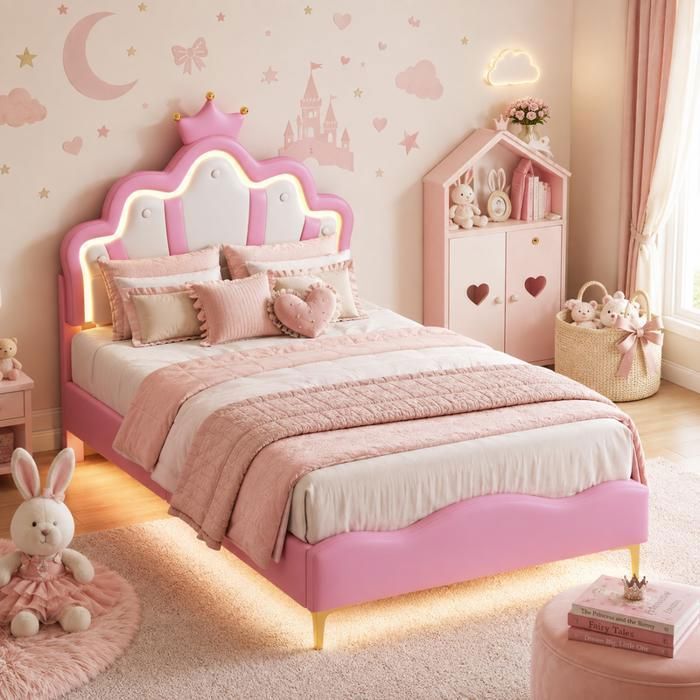 Lit princesse enfant 90x200cm avec éclairage LED tête de lit Couronne et réglable en Hauteur sommier à lattes en bois PU Rose
