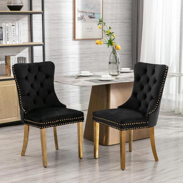 Chaise de salle à manger - KOMHTOM - Lot de 2 - Velours noir - Dossier haut - Bois massif & acier inox doré