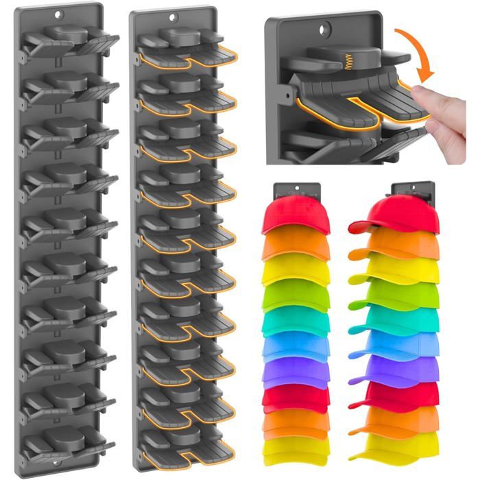Lot de 2 Range-casquettes mural avec clips à ressort intégrés - Jusquà 20 casquettes Couleur noir