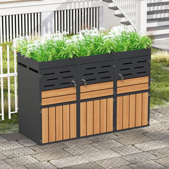 Cache Poubelle Extérieur Jardinière Intégrée Persiennes Daération Acier Galvanisé 3 Portes Verrouillables 199x80x128cm