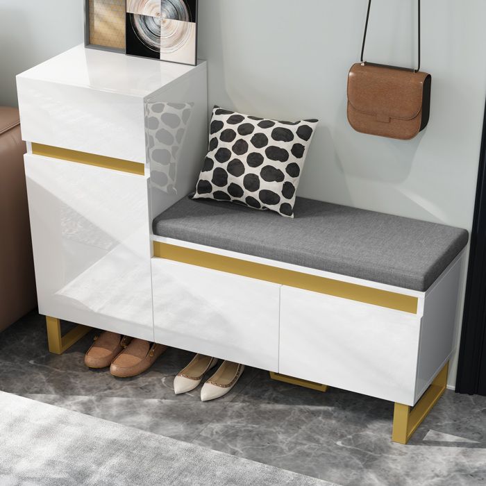 Meuble à Chaussures 2 Portes 1 Tiroir et 1 Niche avec Assise Rembourrée - MEUNIQ - Laqué Blanc 120×35×85 cm