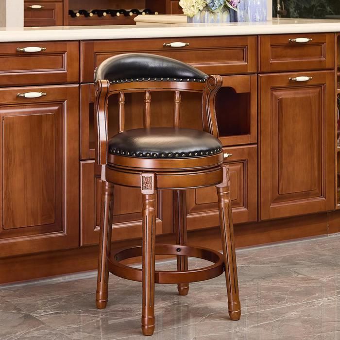Tabouret de Bar Pivotant 360° en Bois Blanc Ivoire et Cuir Véritable Chaise Haute avec Dossier 54 8x54 8x96cm Tabouret de Bar Pivotant 360° en Bois Blanc Ivoire et Cuir Véritable Chaise Haute avec Dossier 54 8x54 8x96cm