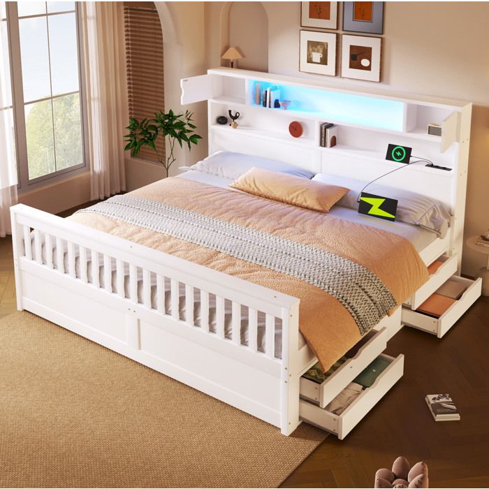 WUVRIE Lit plateforme 180 x 200 cm avec tête de lit bibliothèque LED USB 4 tiroirs blanc WUVRIE Lit plateforme 180 x 200 cm avec tête de lit bibliothèque LED USB 4 tiroirs blanc
