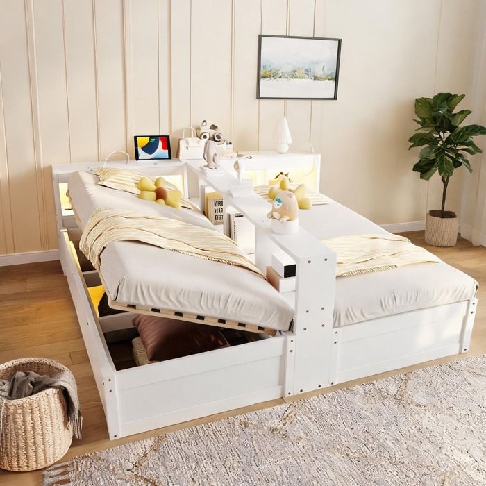 Canapé-lit convertible 2 places en MDF white-toned avec prise USB rangement hydraulique et LED matelas 90/180×200 cm