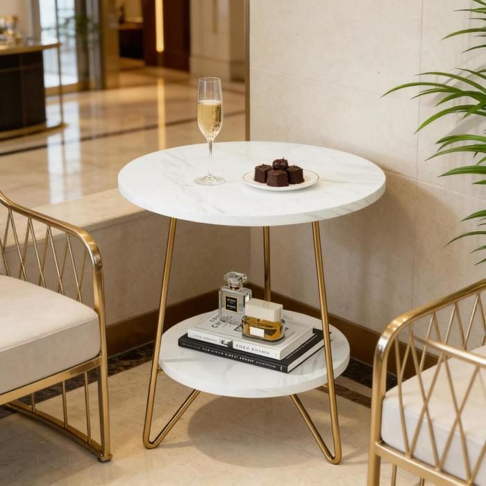 Table Basse Fixe Ronde 2 Niveaux avec Étagère Inférieure - ELVMI - Aspect Marbre Blanc et Métal Doré Salon 48×48×55 cm