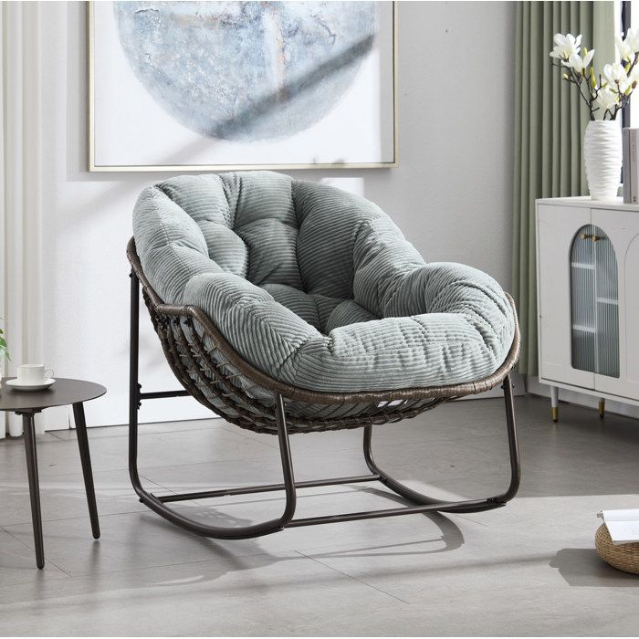 Rocking-chair Fauteuil Relax avec Coussin Rembourre - MODENVIE - Rotin Synthetique Tresse Main Acier Vert