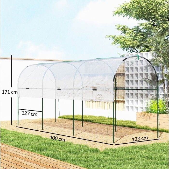Serre de jardin serre tunnel pour tomates 400 x 123 x 171 cm bache transparente toit arrondi 8 piquets ORVRYN