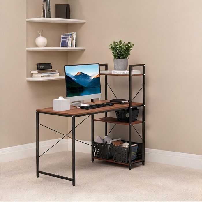 Bureau dangle design industriel panneaux particules aspect noyer et métal noir bibliothèque 3 étagères 120x64x121 cm