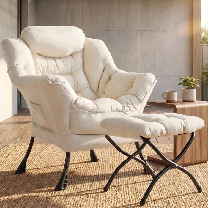 Fauteuil Relax avec Repose-Pieds Fauteuil de Lecture Moderne Rembourréavec Poche Latéralepour Salon Chambre Beige