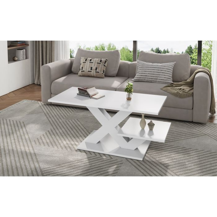 Table basse rectangulaire blanche brillante en MDF 100 x 48 x 45 cm avec double plateau et piètement en X