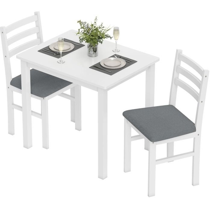 Ensemble table et 2 chaises de cuisine – Blanc/Gris – 80 x 60 cm