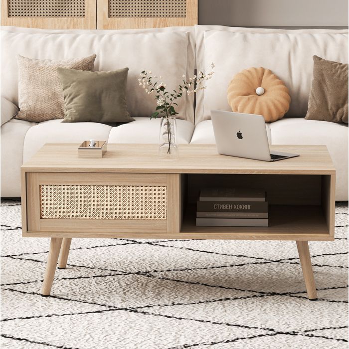 Table basse rectangulaire 105x55x40 cm portes coulissantes MDF pieds en bois effet rotin naturel JOINERY