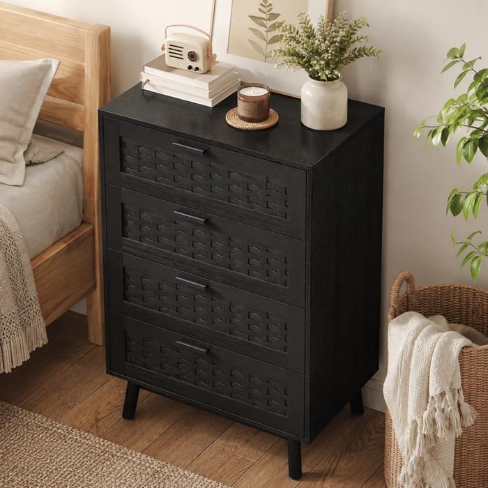 Commode enfant 4 tiroirs en bois et cannage rotin – 55x40x95 cm –Style campagnard – Fixation murale incluse – Noir