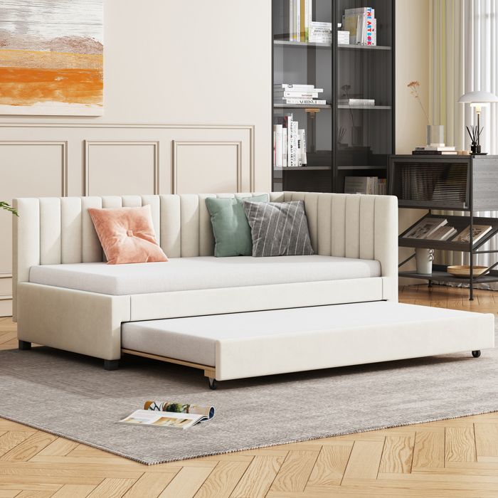 Canape-lit 209.5x97x71 cm Beige Velours avec lit gigogne 90x190 et lattes