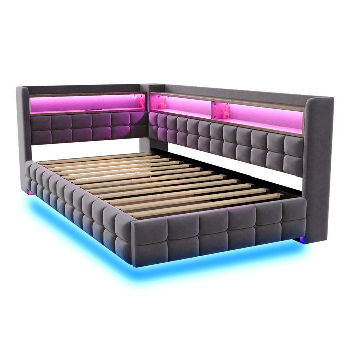 Lit banquette rembourré 90x200 cm en velours dans un coloris gris matelas non inclus sommier à lattes éclairage LED
