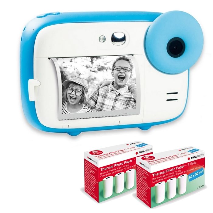 AGFA PHOTO Pack Realikids Instant Cam + 3 rouleaux Papier Thermique ATP3WH - Appareil Photo Enfant, Batterie Lithium - Bleu