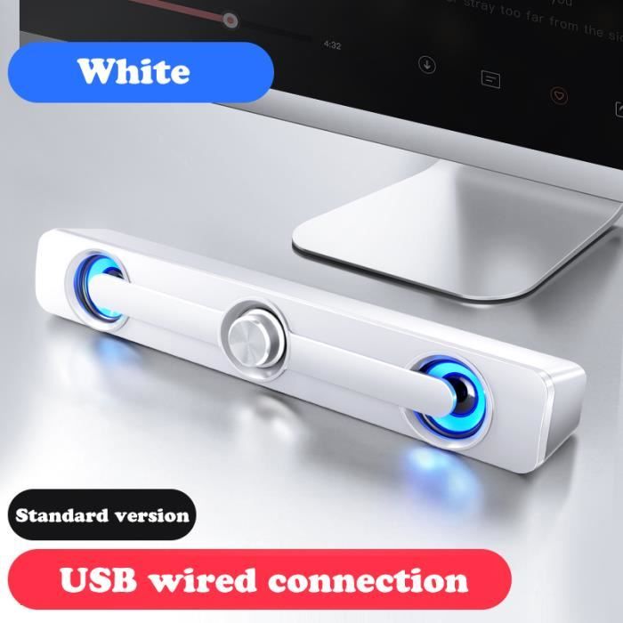 Norme blanche-Haut-parleur d'ordinateur filaire USB, barre de son injuste, caisson de basses stéréo, boîte d