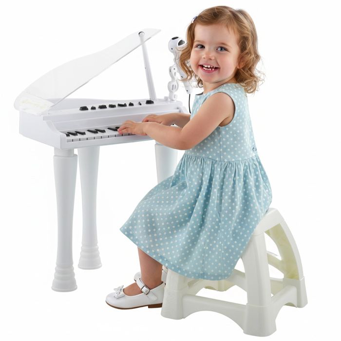 Piano enfant électronique - AIYAPLAY - 32 touches multifonction micro tabouret couvercle lumineux LED - plastique - blanc