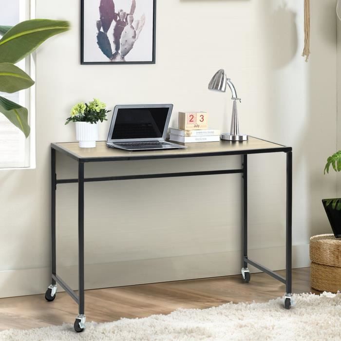 Furnish1 Table De Bureau Bureau Droit En Metal A Roulette Decor Chene Et Noir Industriel 100 X 46 X 74 Cm Tele Travail Achat Vente Bureau Bureau Droit En